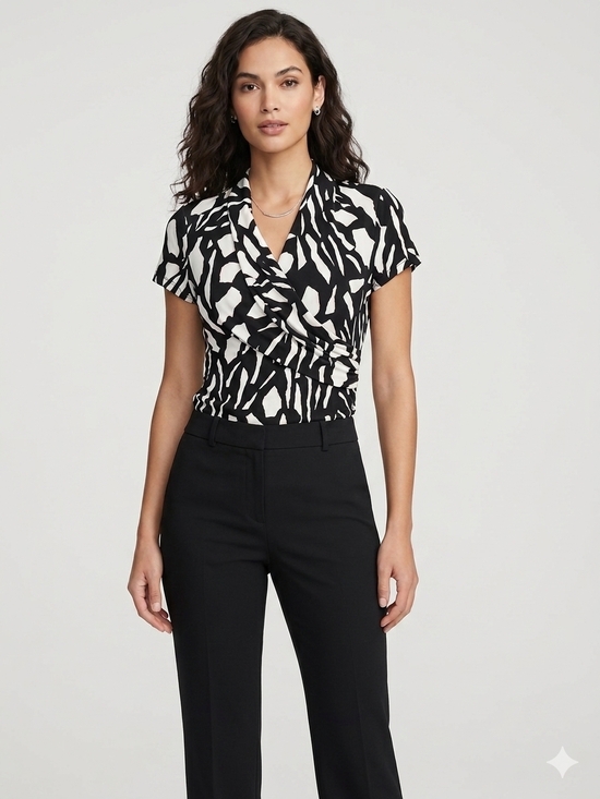 Dkny Tops - DKNY Abstract Zebra Print Faux Wrap Top Blouse Black White Size M